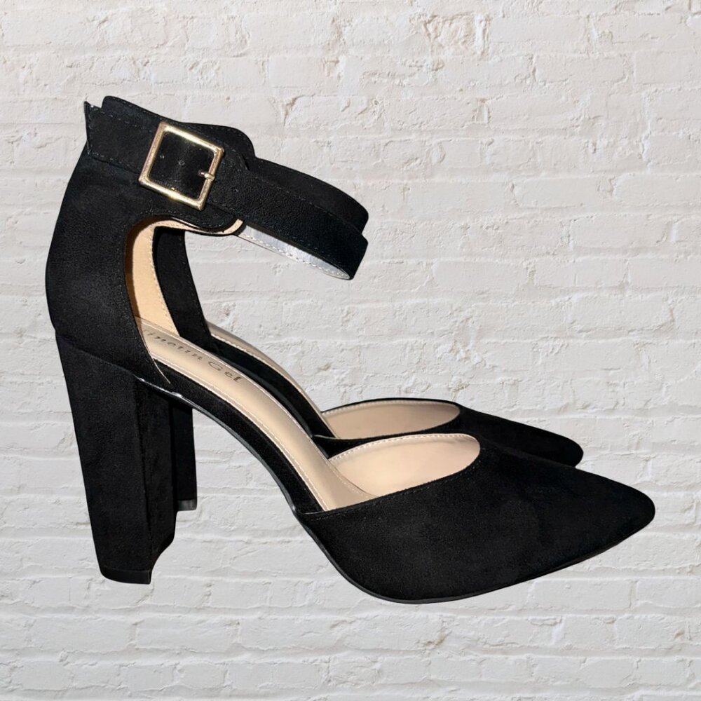 Black Ankle-Strap Pointed Block Heel Pumps